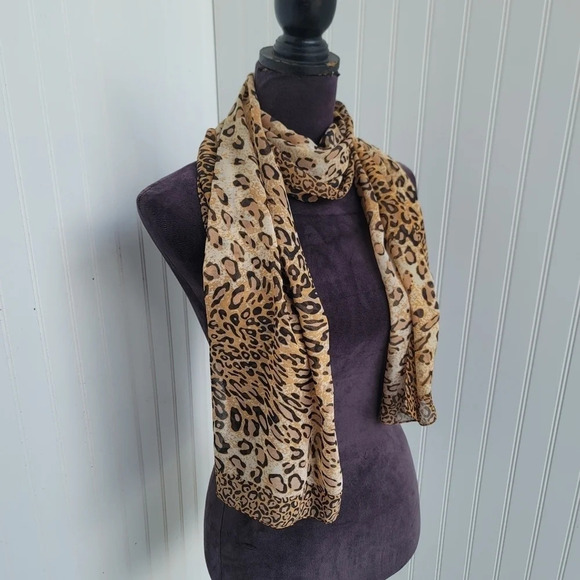 Ladies Sheer Scarf Leopard Cheetah Print Brown Beige Tan - 20" x 60" - Picture 5 of 7